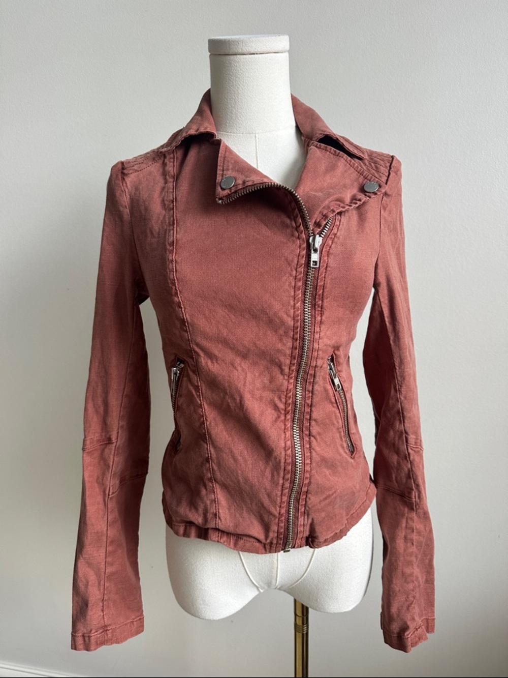 Level‎ 99 Linen Blend Moto Jacket Spring Summer Layer Women XS Rust Edgy Boho